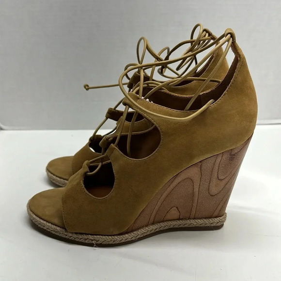 Tory Burch Raya Suede Lace Up Wedges Heeled Heels Tan Brown Open Toe Sandals 9.5 - Picture 3 of 10